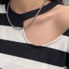Striped Cut-Out Shoulder Oversized T-Shirt — Black & White, Cotton Blend