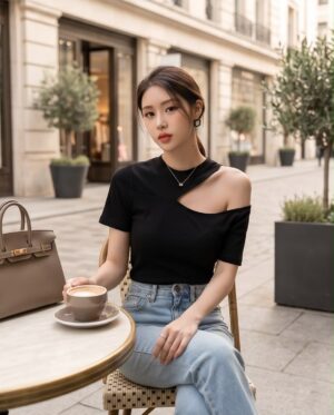 Asymmetric Cut-Out Shoulder Top — Black, Short Sleeve Fitted