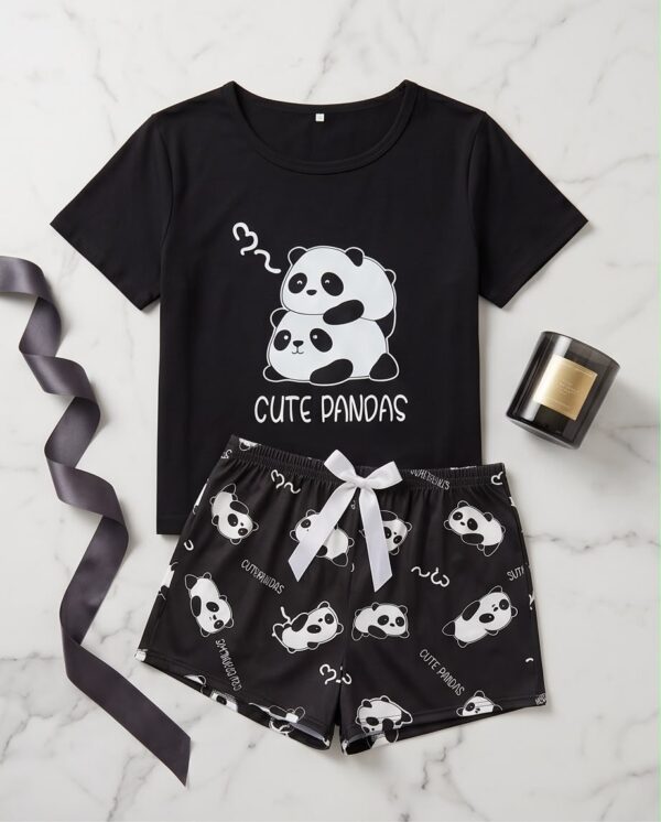 “Cute Pandas” Pyjama Set — Black Panda Print Tee & Shorts