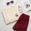 Cherry Bow Cotton Pyjama Set — Cream Tee & Burgundy Drawstring Shorts