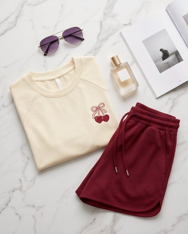 Cherry Bow Cotton Pyjama Set — Cream Tee & Burgundy Drawstring Shorts