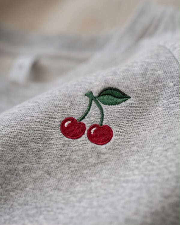 Cherry Embroidered Cotton Pyjama Set — Grey Marl Tee & Drawstring Shorts