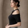 d38b5cf3-2137-468c-ae92-01eec769c46d Asymmetric Cut-Out Shoulder Top — Black, Short Sleeve Fitted
