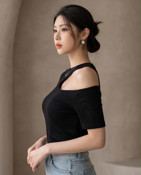 d38b5cf3-2137-468c-ae92-01eec769c46d Asymmetric Cut-Out Shoulder Top — Black, Short Sleeve Fitted