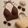 Crochet Fringe Halter Crop Top — Chocolate Brown Bohemian Beach Top