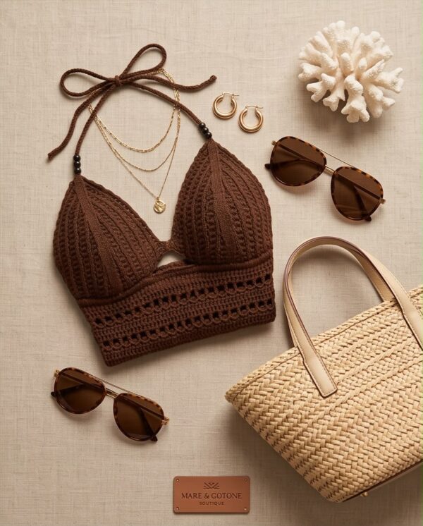 Crochet Fringe Halter Crop Top — Chocolate Brown Bohemian Beach Top