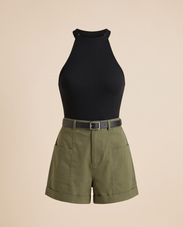 dfac530e-2b0a-482f-8937-b8c4bcbf17a2 Halter Neck Top & Olive Shorts Set — 2-Piece Summer Outfit