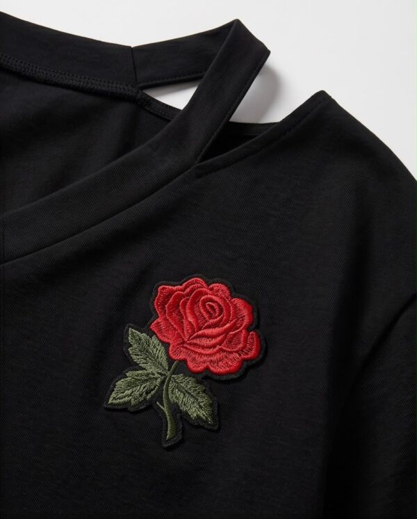 Rose Embroidered Cut-Out Crop Top — Black, V-Neck Short Sleeve