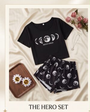 “Moon Child” Pyjama Set — Black Moon Phase Print Tee & Shorts