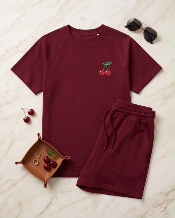 Cherry Print Cotton Pyjama Set — Burgundy Tee & Drawstring Shorts