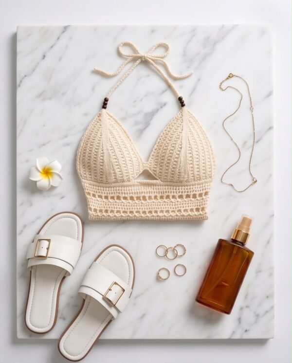 Crochet Fringe Halter Crop Top — Cream Bohemian Beach Top