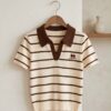 Striped Knit Polo Top — Cream & Brown with Cherry Embroidery