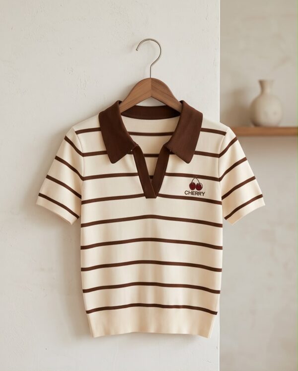Striped Knit Polo Top — Cream & Brown with Cherry Embroidery