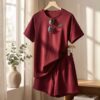 Cherry Print Cotton Pyjama Set — Burgundy Tee & Drawstring Shorts