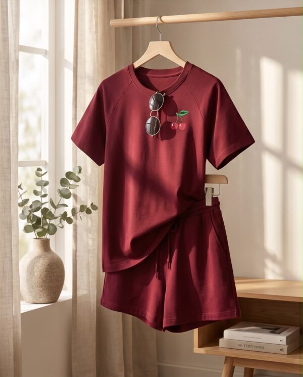 Cherry Print Cotton Pyjama Set — Burgundy Tee & Drawstring Shorts