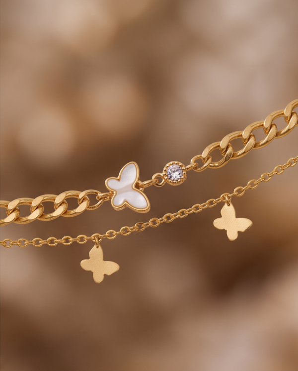 Gold-Tone Stainless Steel Layered Butterfly Anklet – Curb Chain with Charm Dangles
