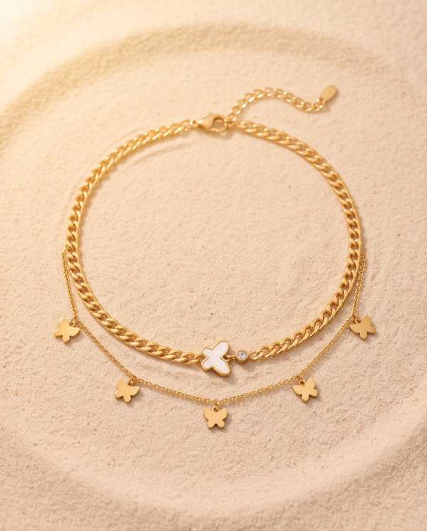 Gold-Tone Stainless Steel Layered Butterfly Anklet – Curb Chain with Charm Dangles
