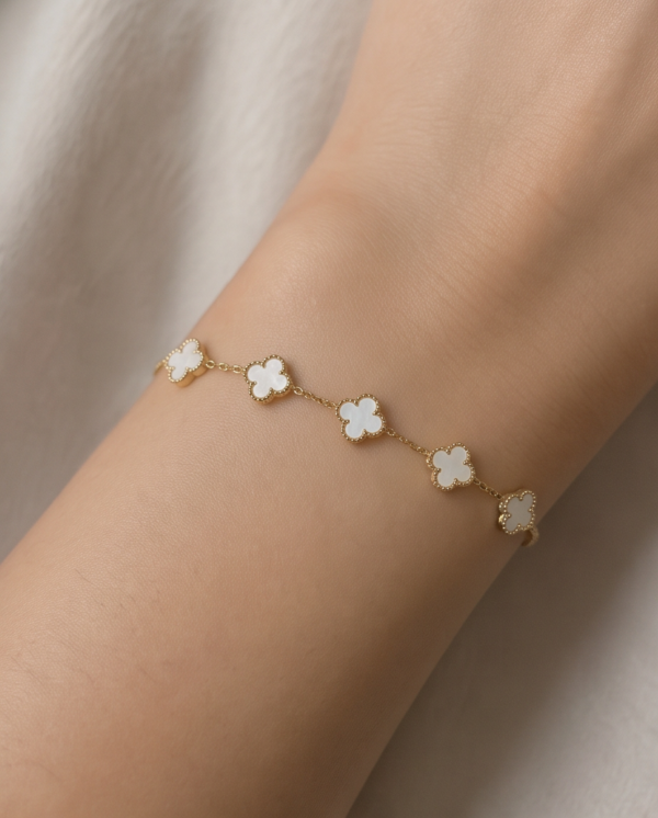 Gold-Tone Stainless Steel White Clover Bracelet – Mother-of-Pearl Charm Links