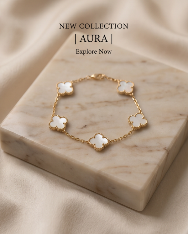 Gold-Tone Stainless Steel White Clover Bracelet – Mother-of-Pearl Charm Links