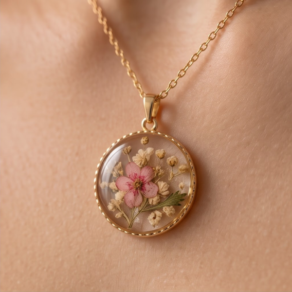Gold-Tone Stainless Steel Pressed Flower Necklace – Pink & White Botanical Pendant