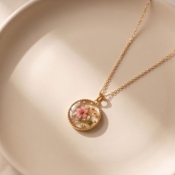 Gold-Tone Stainless Steel Pressed Flower Necklace – Pink & White Botanical Pendant