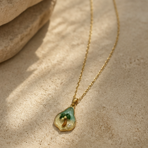 img_0215 Gold-Tone Stainless Steel Palm Tree Island Necklace – Enamel & Pearl Charm