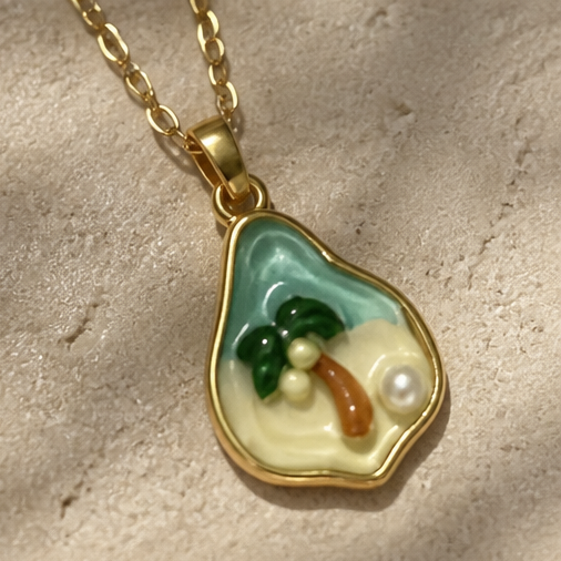 img_0216 Gold-Tone Stainless Steel Palm Tree Island Necklace – Enamel & Pearl Charm