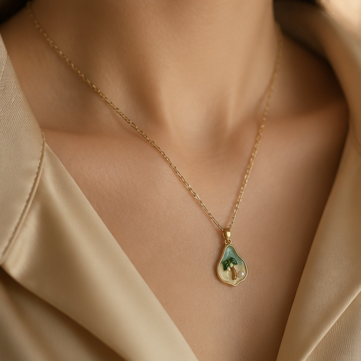 img_0217 Gold-Tone Stainless Steel Palm Tree Island Necklace – Enamel & Pearl Charm