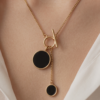Gold-Tone Stainless Steel Toggle Lariat Necklace – Black Onyx Disc Pendants