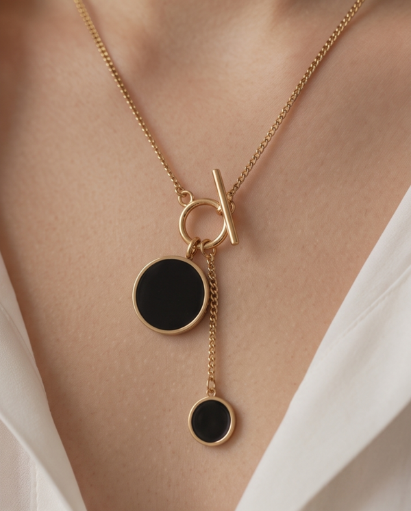 Gold-Tone Stainless Steel Toggle Lariat Necklace – Black Onyx Disc Pendants