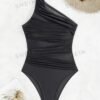 Black One-Shoulder Ruched Swimsuit – Mesh Waist Detail