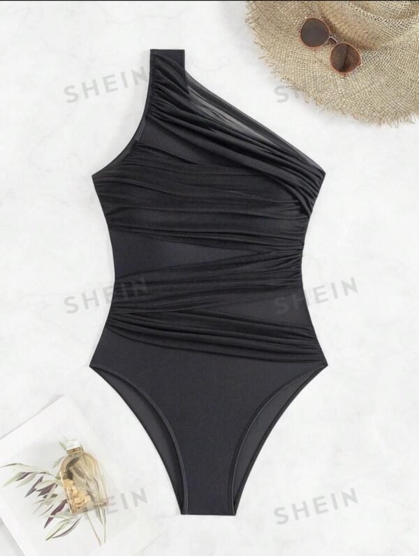 Black One-Shoulder Ruched Swimsuit – Mesh Waist Detail