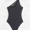 Black One-Shoulder Ruched Swimsuit – Mesh Waist Detail