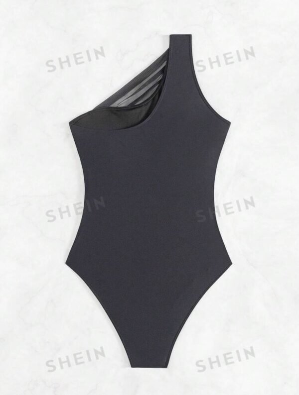 Black One-Shoulder Ruched Swimsuit – Mesh Waist Detail