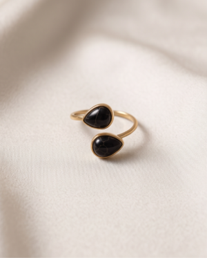 Gold-Tone Stainless Steel Double Teardrop Ring – Black Marble Stone