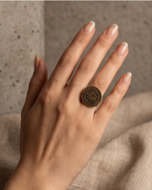 Vintage Bronze Arabic Calligraphy Coin Ring – Scalloped Border Statement Ring
