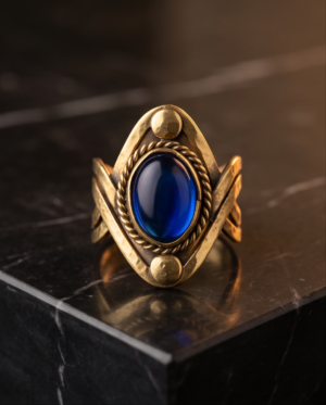 Vintage Antique Gold Sapphire-Tone Statement Ring – Sculptural Chevron Design
