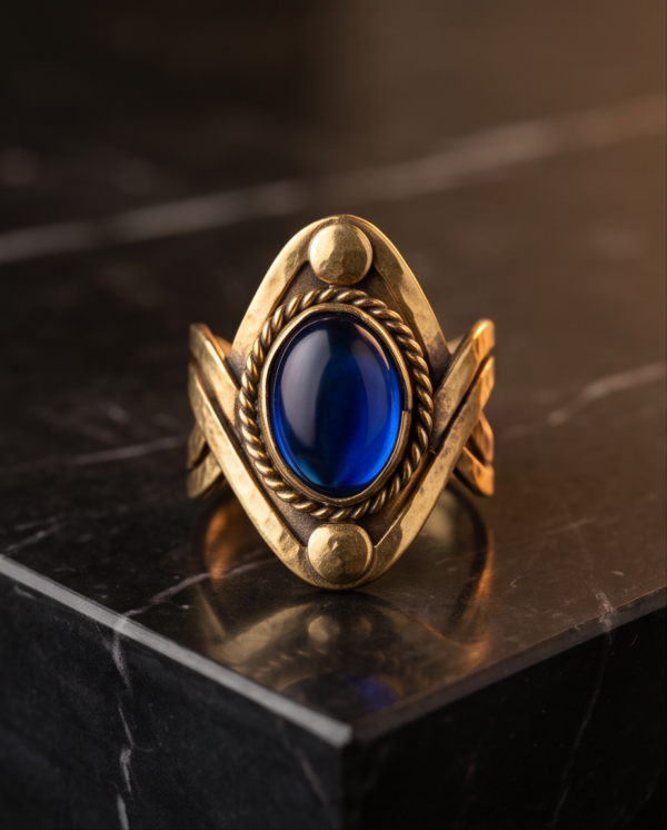 Vintage Antique Gold Sapphire-Tone Statement Ring – Sculptural Chevron Design