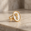 Gold-Tone Stainless Steel Enamel Flower Ring – White Oval Signet Design