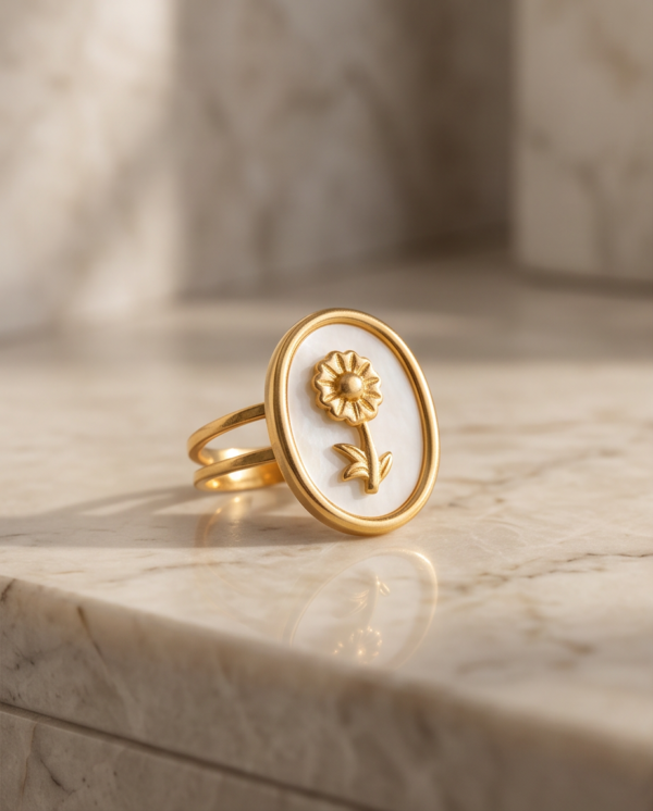 Gold-Tone Stainless Steel Enamel Flower Ring – White Oval Signet Design