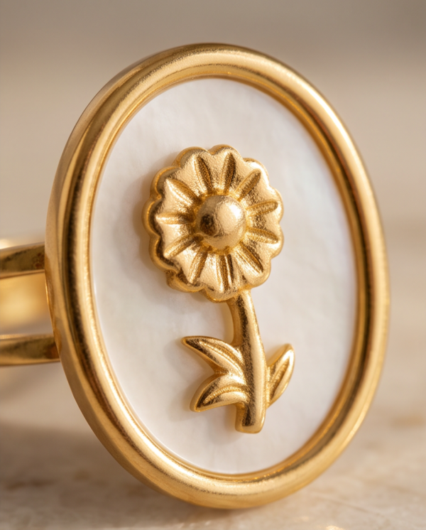 Gold-Tone Stainless Steel Enamel Flower Ring – White Oval Signet Design