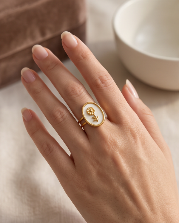 Gold-Tone Stainless Steel Enamel Flower Ring – White Oval Signet Design
