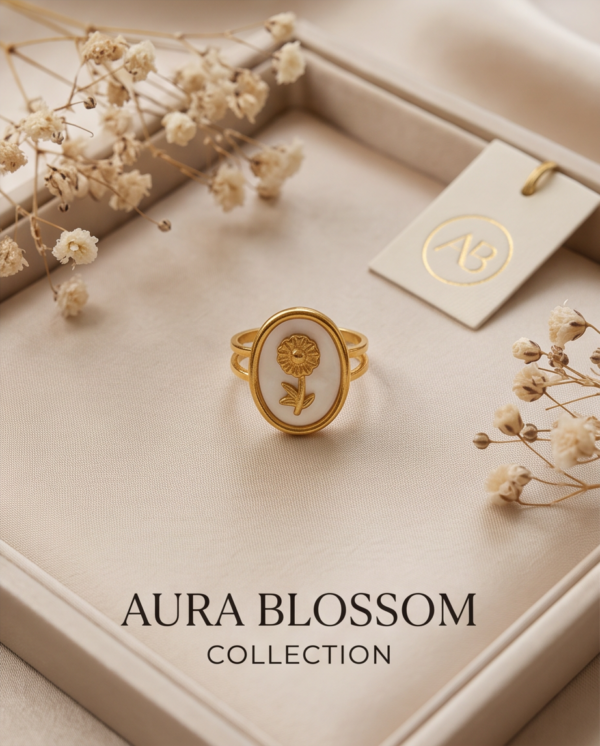 Gold-Tone Stainless Steel Enamel Flower Ring – White Oval Signet Design