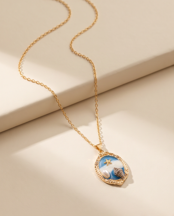 Gold-Tone Stainless Steel Ocean Pendant Necklace – Starfish & Shell Charm