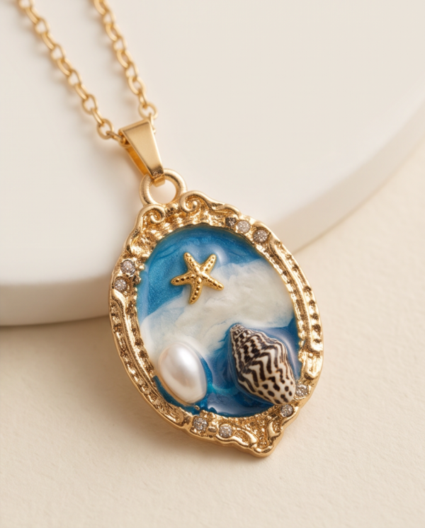 Gold-Tone Stainless Steel Ocean Pendant Necklace – Starfish & Shell Charm