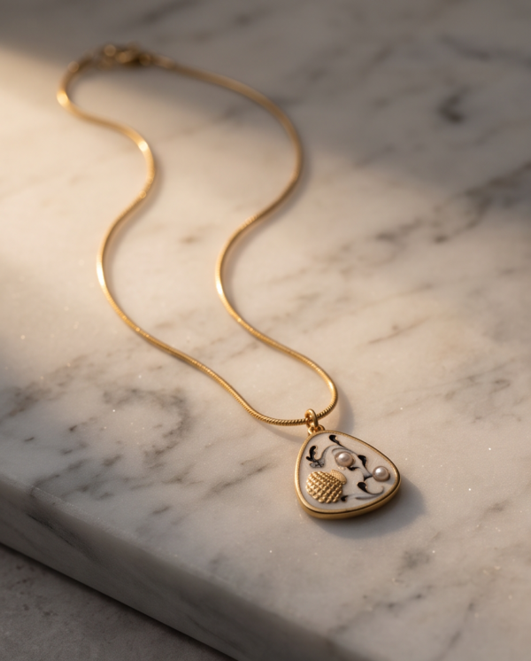 Gold-Tone Stainless Steel Enamel Pendant Necklace – Textured Shell & Pearl Charm
