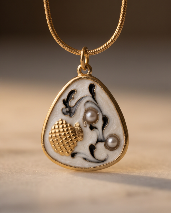 Gold-Tone Stainless Steel Enamel Pendant Necklace – Textured Shell & Pearl Charm