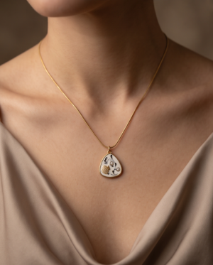 Gold-Tone Stainless Steel Enamel Pendant Necklace – Textured Shell & Pearl Charm