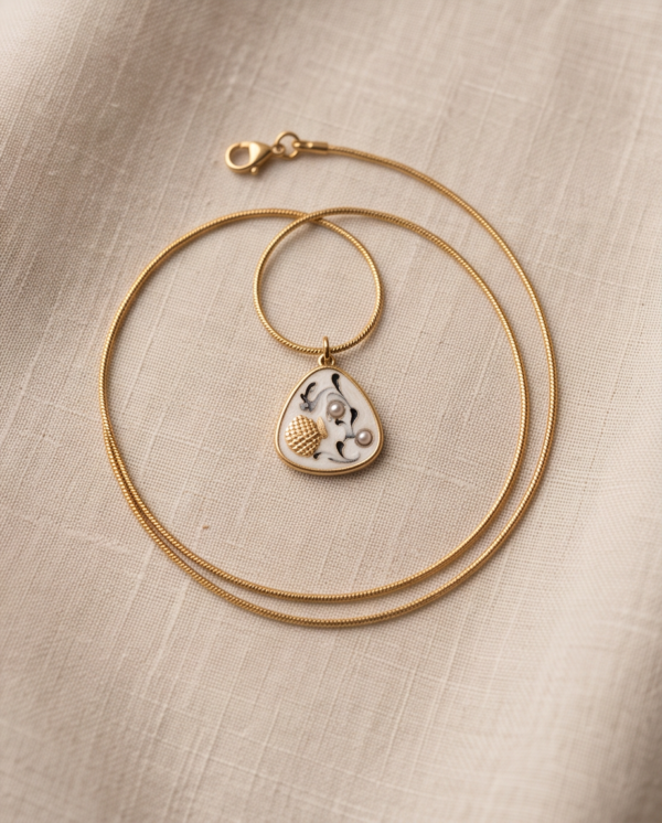 Gold-Tone Stainless Steel Enamel Pendant Necklace – Textured Shell & Pearl Charm