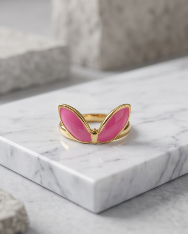 Gold-Tone Stainless Steel Pink Enamel Butterfly Wing Ring